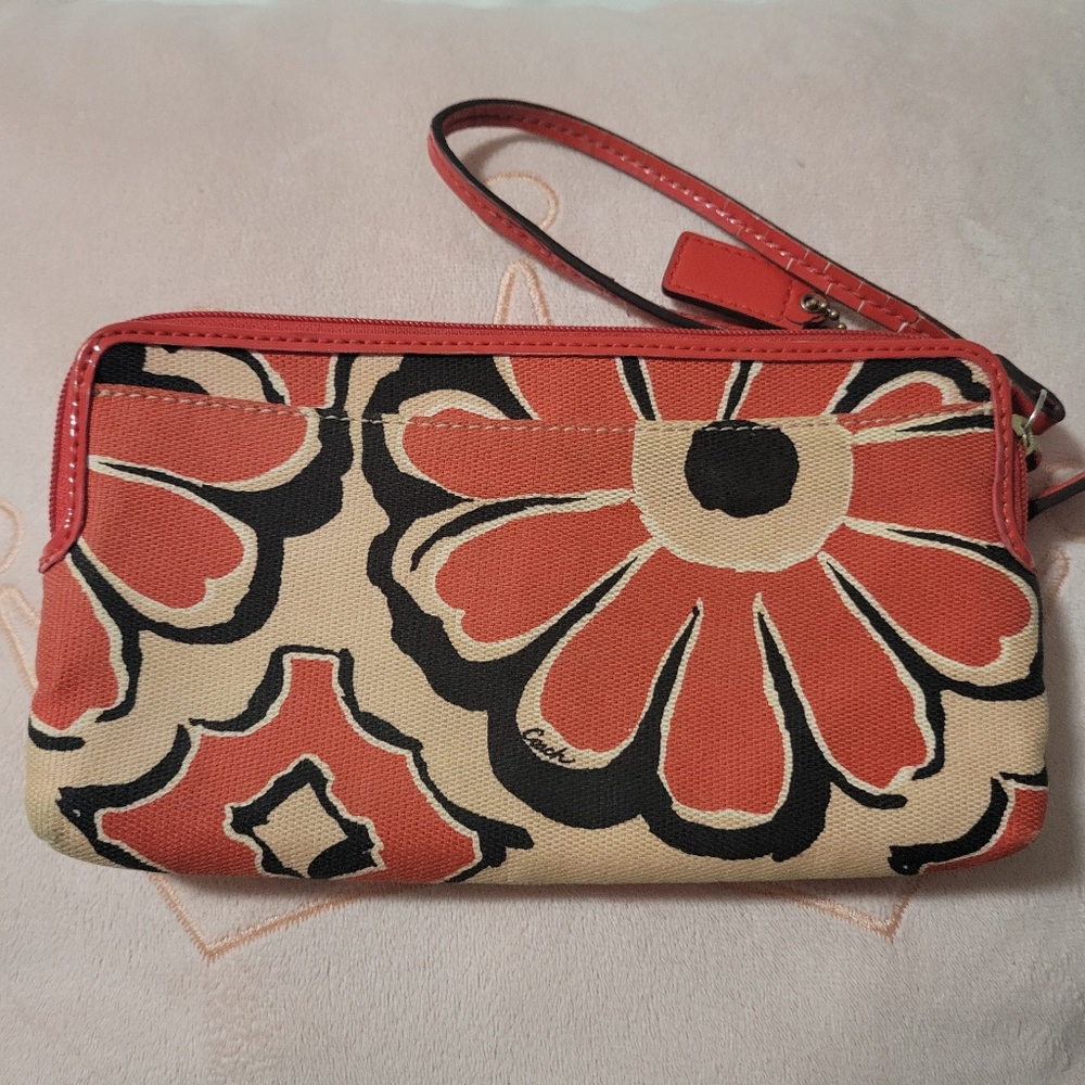 Coach Red And Orange Floral Wristlet - Picture 2 of 8
